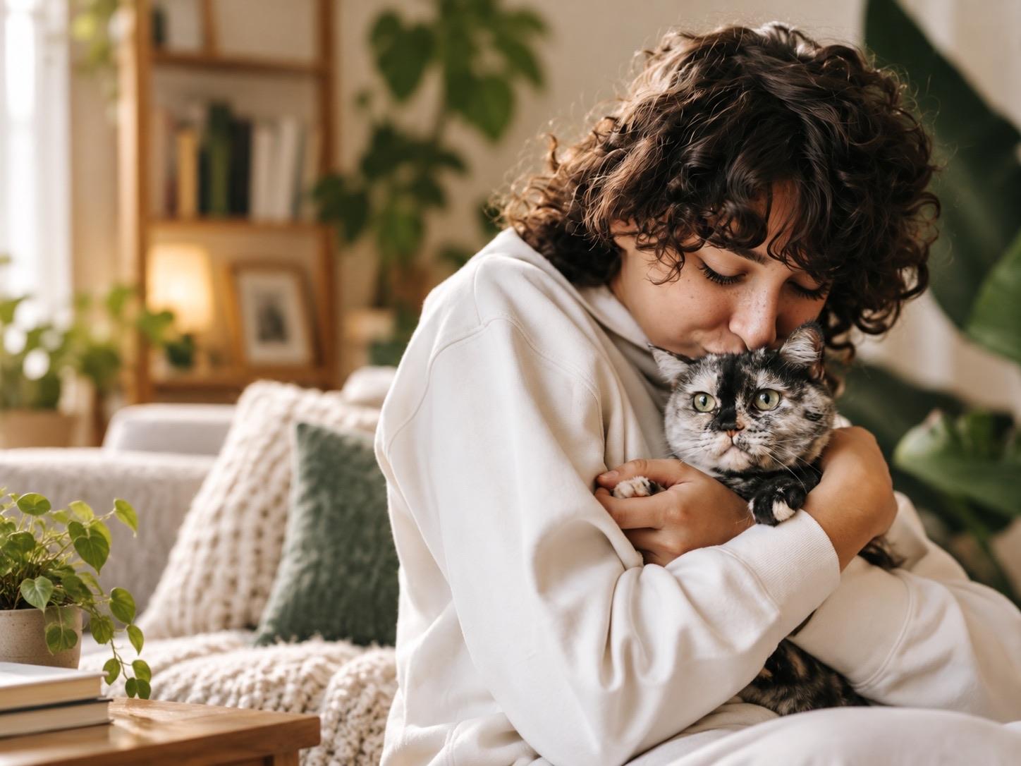 Persona en casa con su gato en brazos